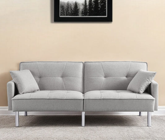 85" Light Gray Polyester Blend Convertible Futon Sleeper Sofa And Toss Pillows With Silver Legs-0