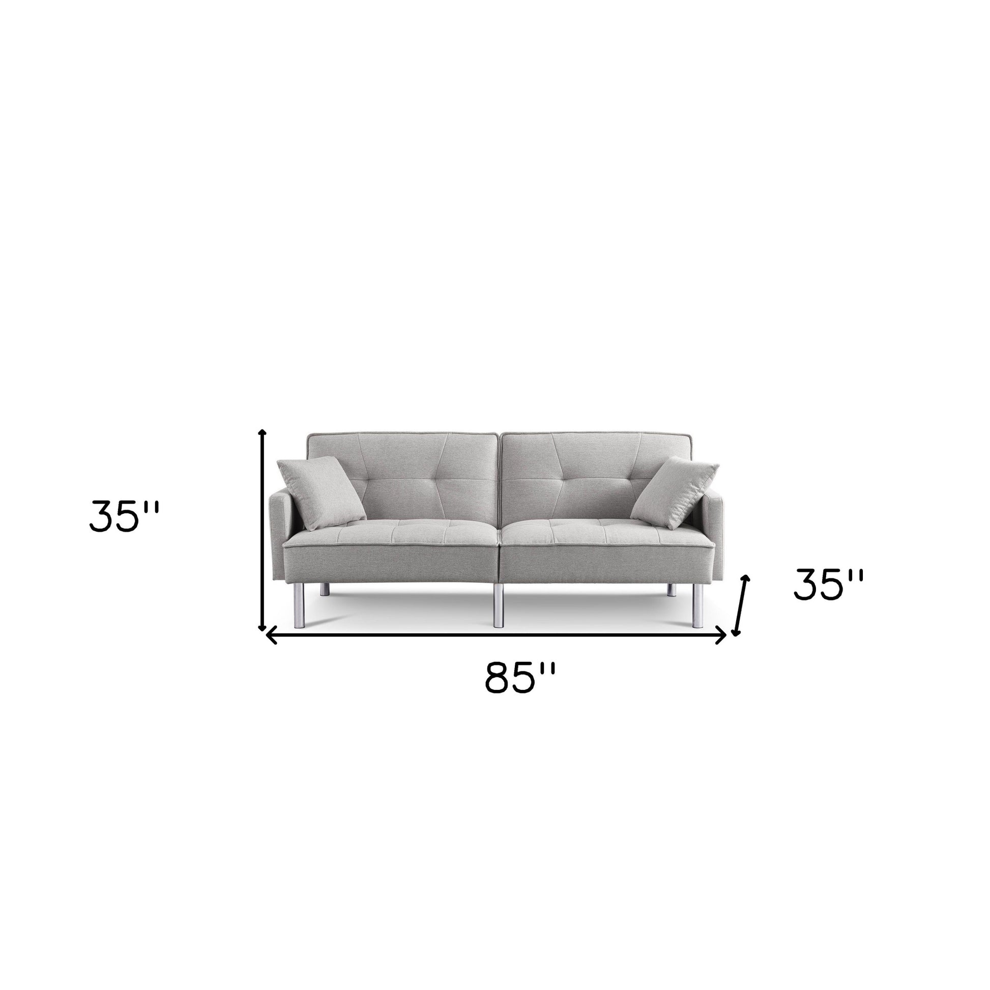 85" Light Gray Polyester Blend Convertible Futon Sleeper Sofa And Toss Pillows With Silver Legs-3