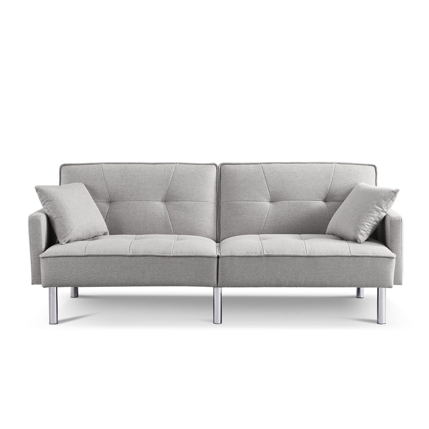 85" Light Gray Polyester Blend Convertible Futon Sleeper Sofa And Toss Pillows With Silver Legs-1