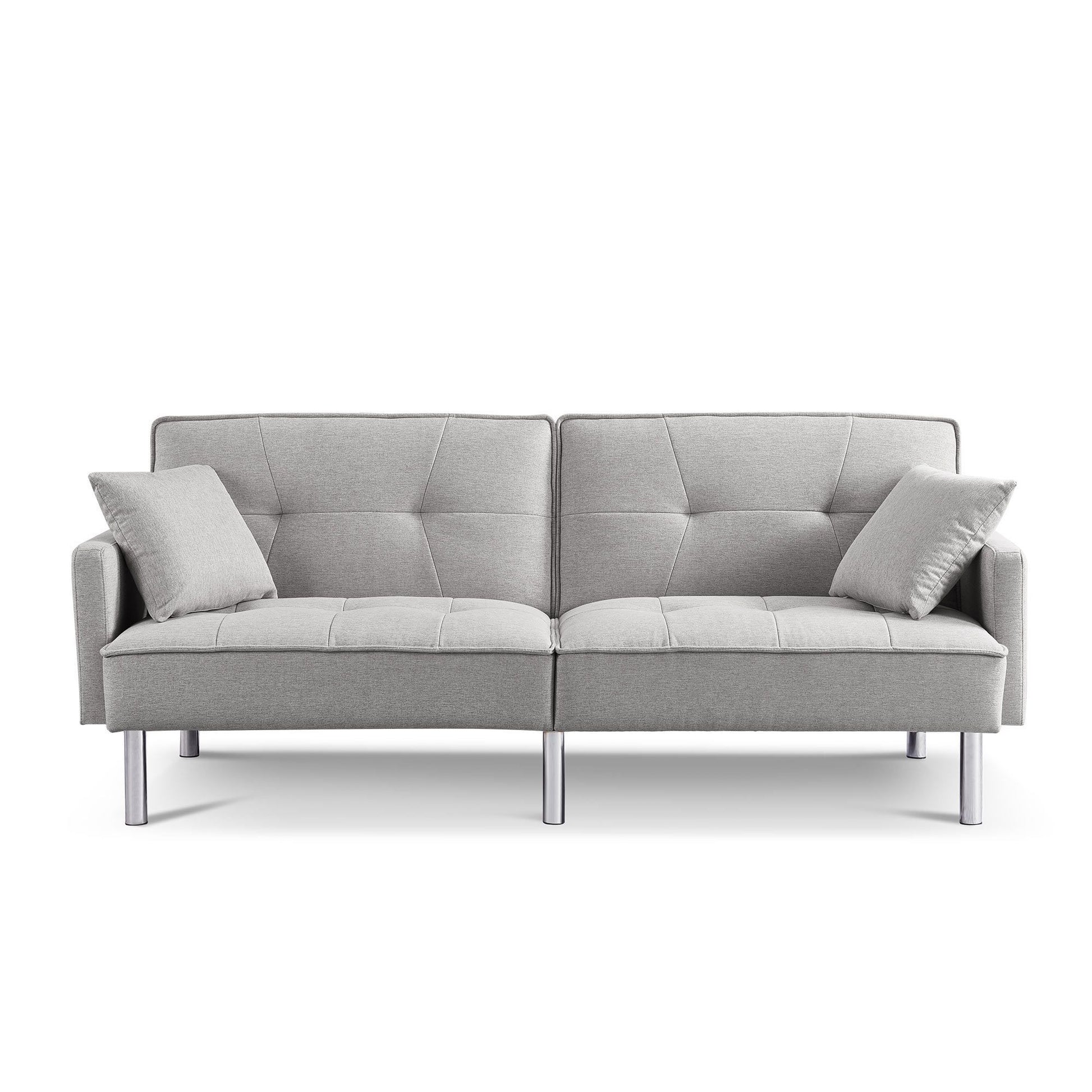 85" Light Gray Polyester Blend Convertible Futon Sleeper Sofa And Toss Pillows With Silver Legs-1