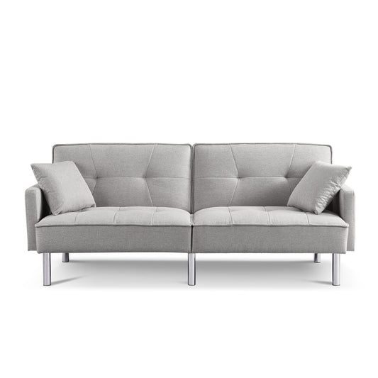 85" Light Gray Polyester Blend Convertible Futon Sleeper Sofa And Toss Pillows With Silver Legs-1