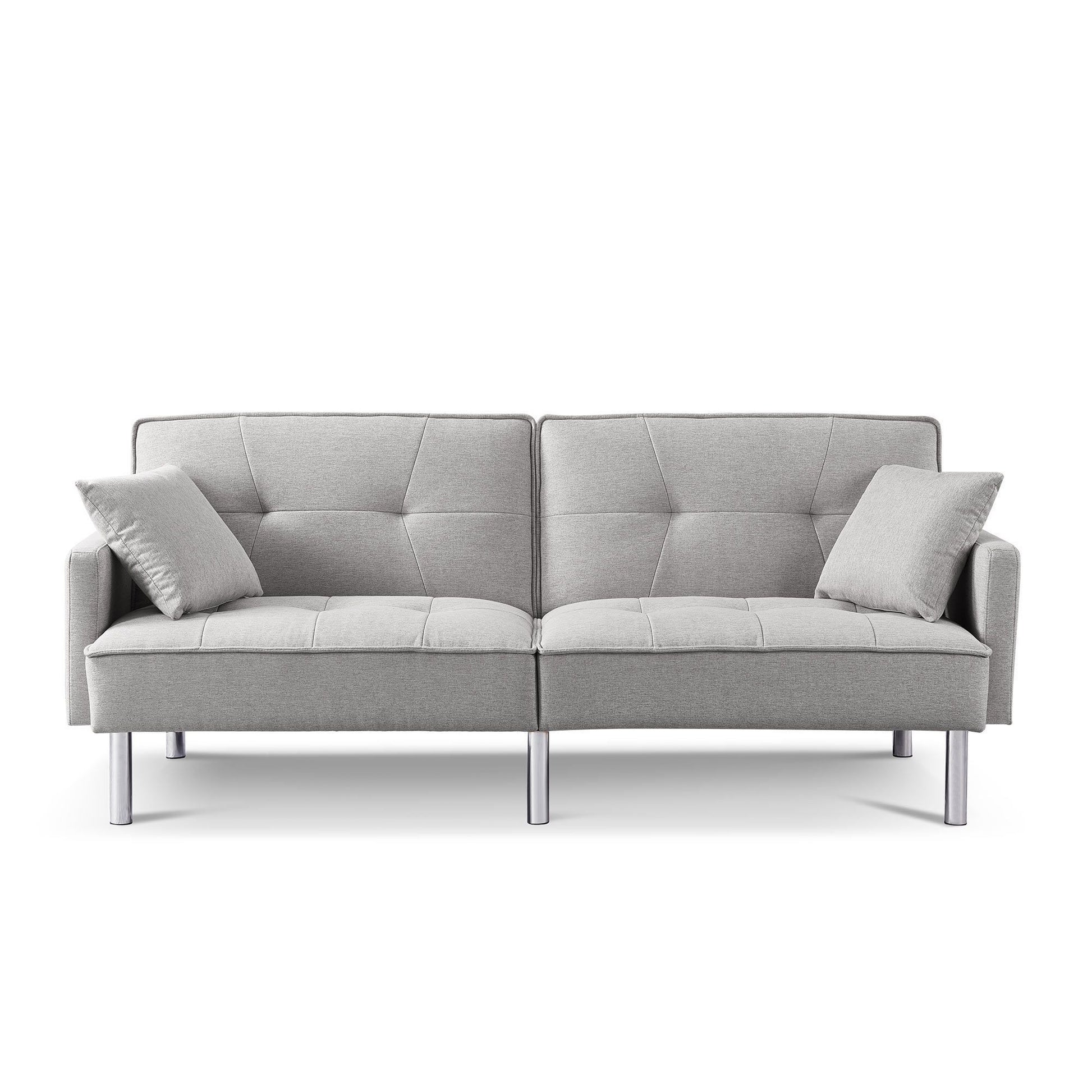 85" Light Gray Polyester Blend Convertible Futon Sleeper Sofa And Toss Pillows With Silver Legs-2