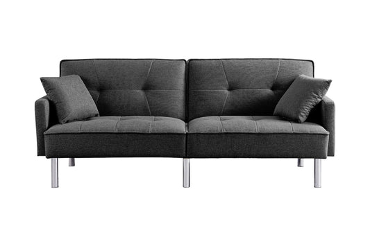85" Dark Gray Polyester Blend Convertible Futon Sleeper Sofa And Toss Pillows With Silver Legs-1