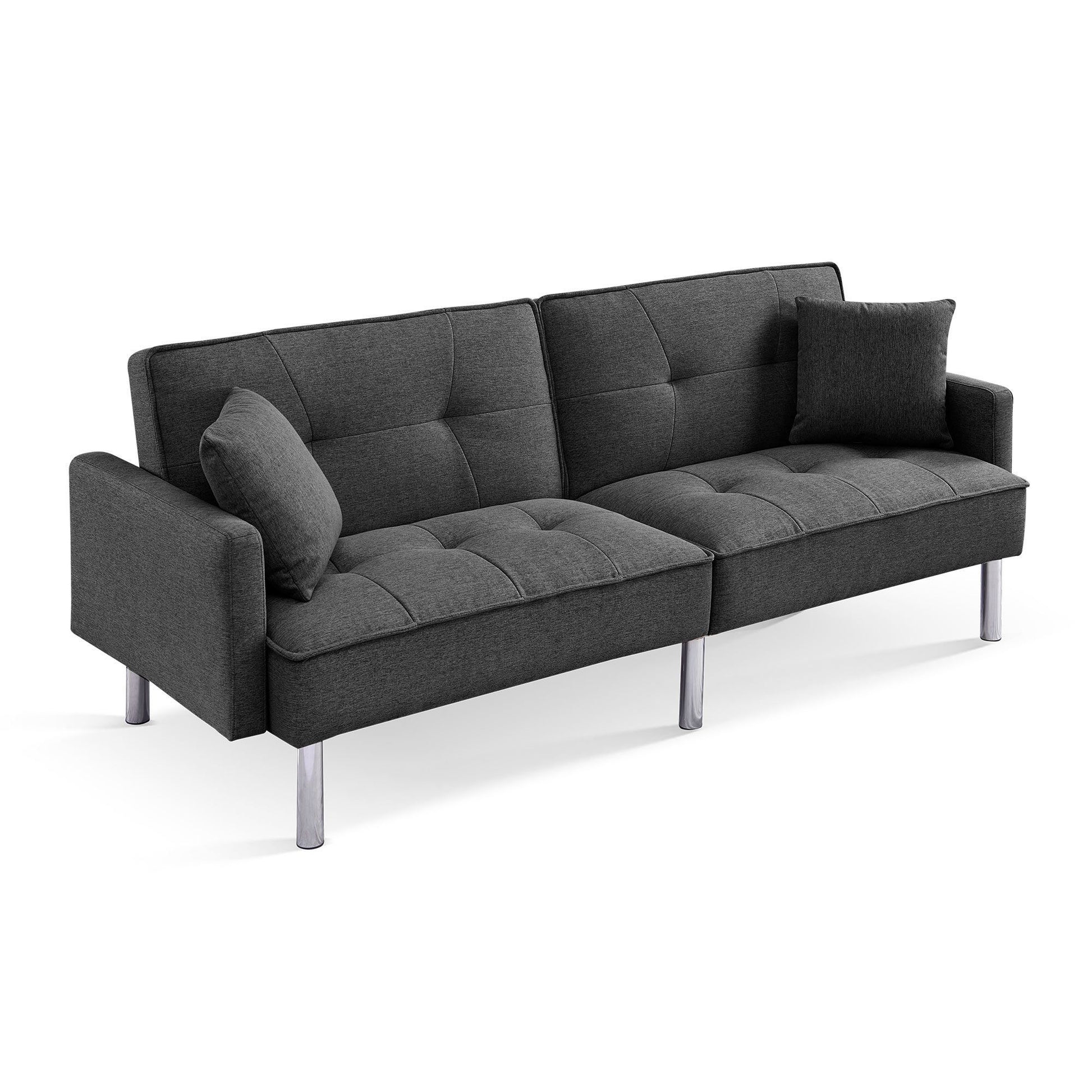 85" Dark Gray Polyester Blend Convertible Futon Sleeper Sofa And Toss Pillows With Silver Legs-2