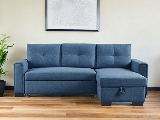 92" Blue Polyester Blend Convertible Futon Sleeper Sofa With Black Legs-0