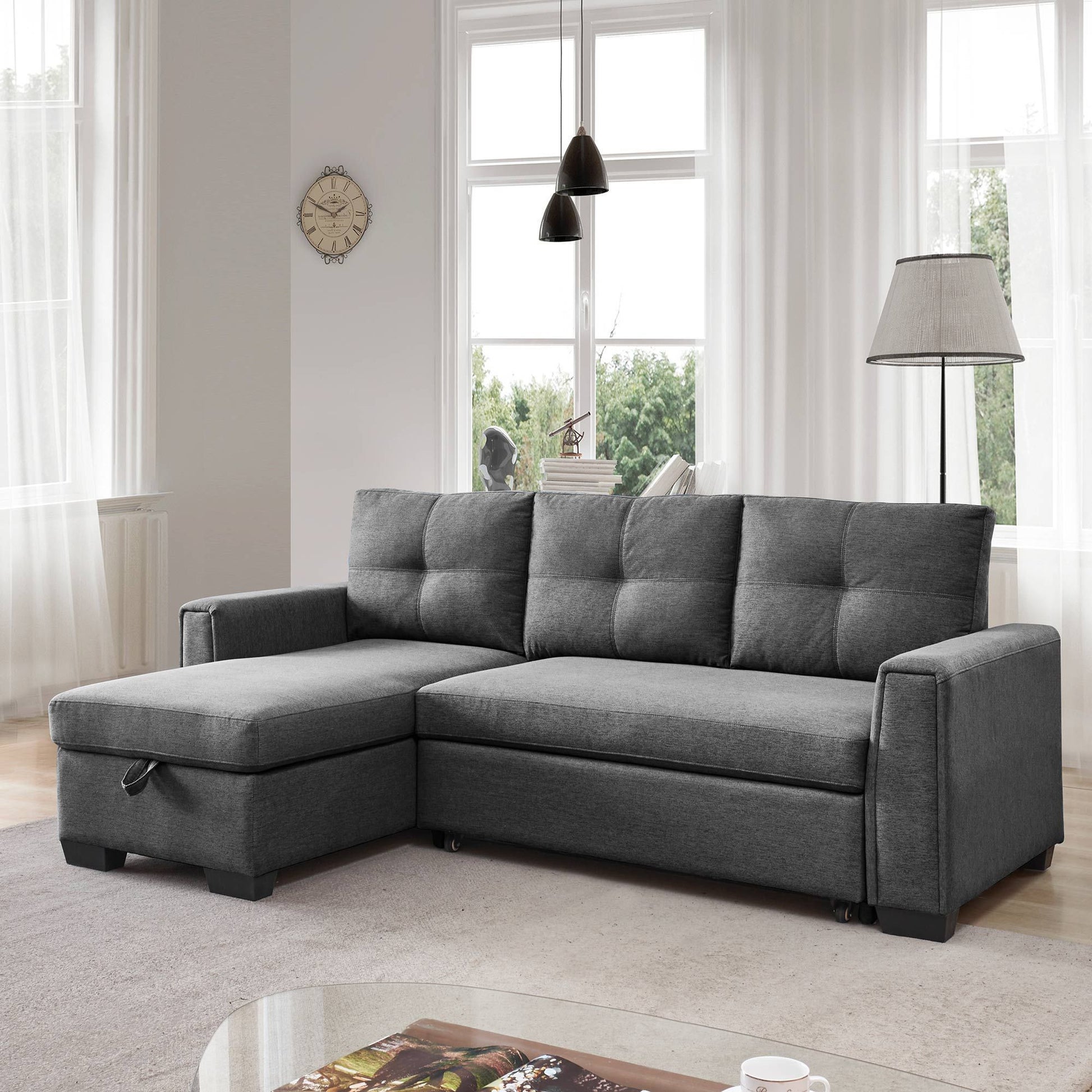 92" Dark Gray Polyester Blend Convertible Futon Sleeper Sofa With Black Legs-5