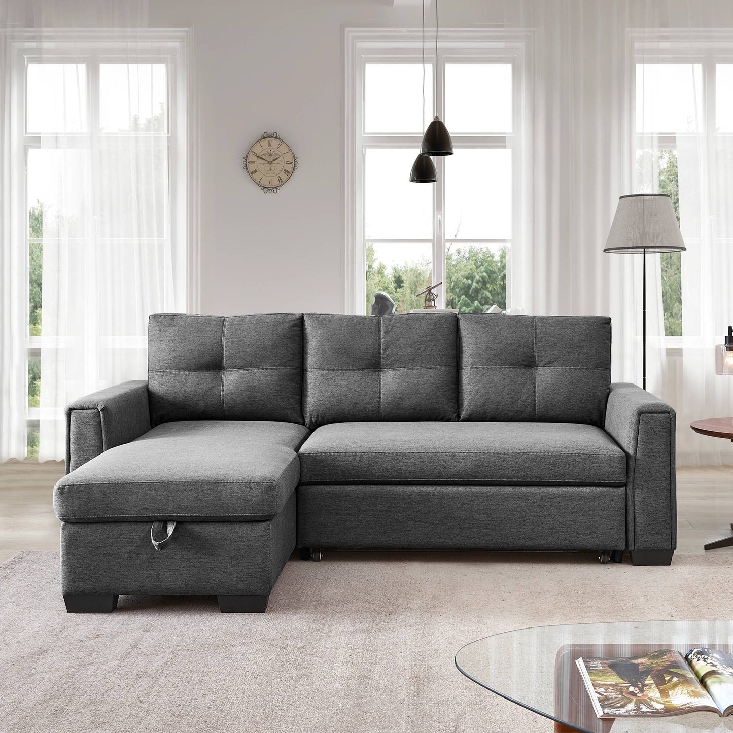92" Dark Gray Polyester Blend Convertible Futon Sleeper Sofa With Black Legs-6