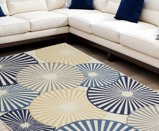 7' X 10' Beige and Blue Geometric Power Loom Area Rug-1