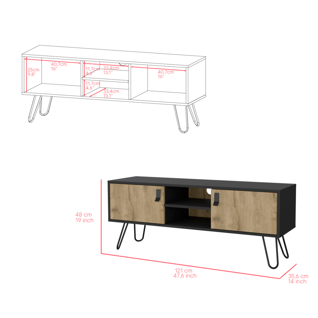 48" Beige and Black Cabinet Open And Enclosed Storage TV Stand-8