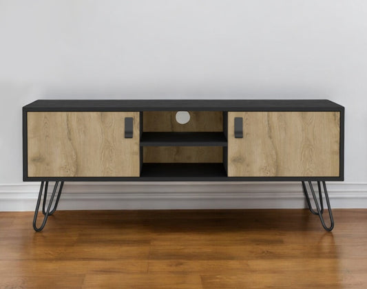 48" Beige and Black Cabinet Open And Enclosed Storage TV Stand-0