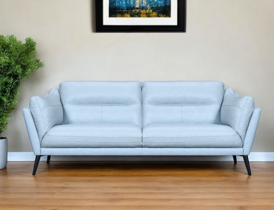 87" Sky Blue Leather Sofa With Black Legs-0