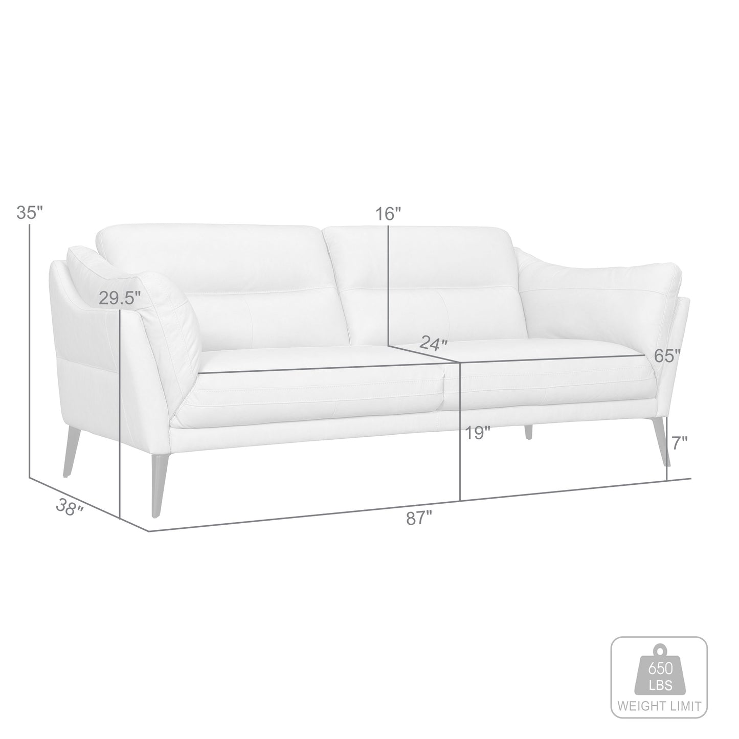 87" Sky Blue Leather Sofa With Black Legs-8