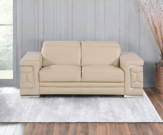71" Beige And Silver Genuine Leather Loveseat-1