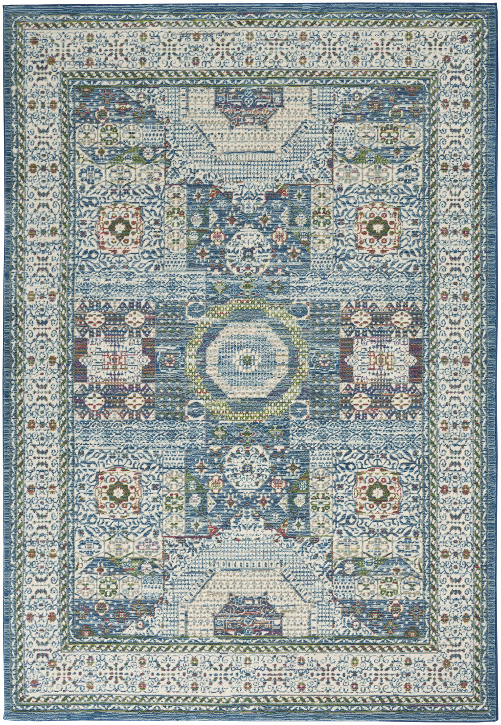 4' X 6' Ivory Blue and Green Oriental Distressed Non Skid Area Rug-1