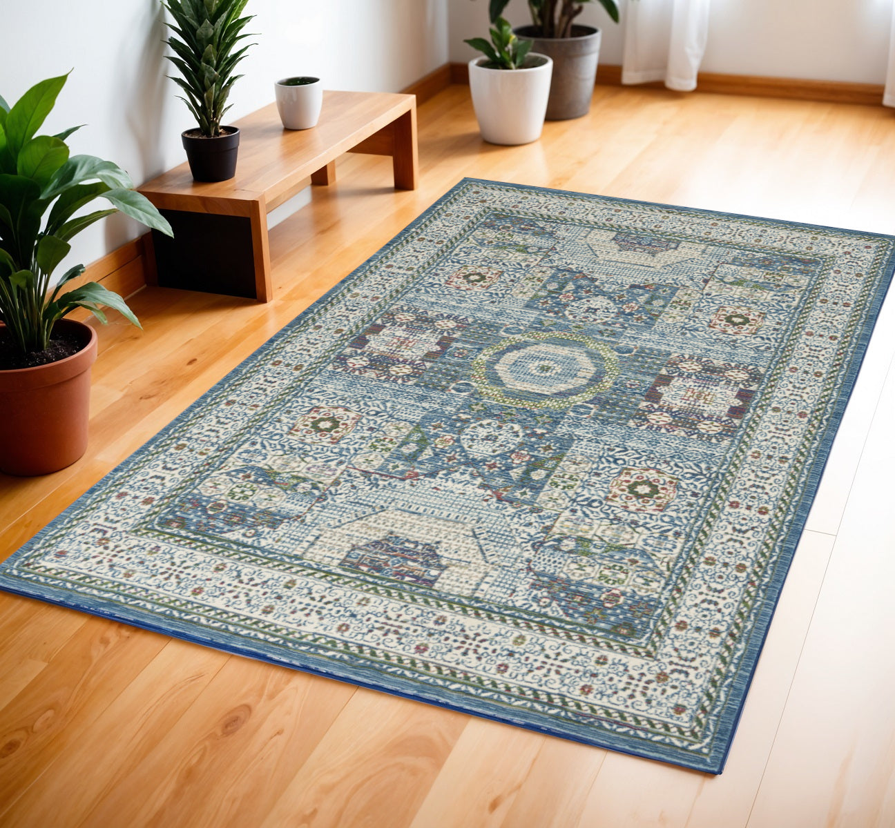 4' X 6' Ivory Blue and Green Oriental Distressed Non Skid Area Rug-0