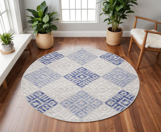 8' Beige Blue and Gray Geometric Round Rug-1