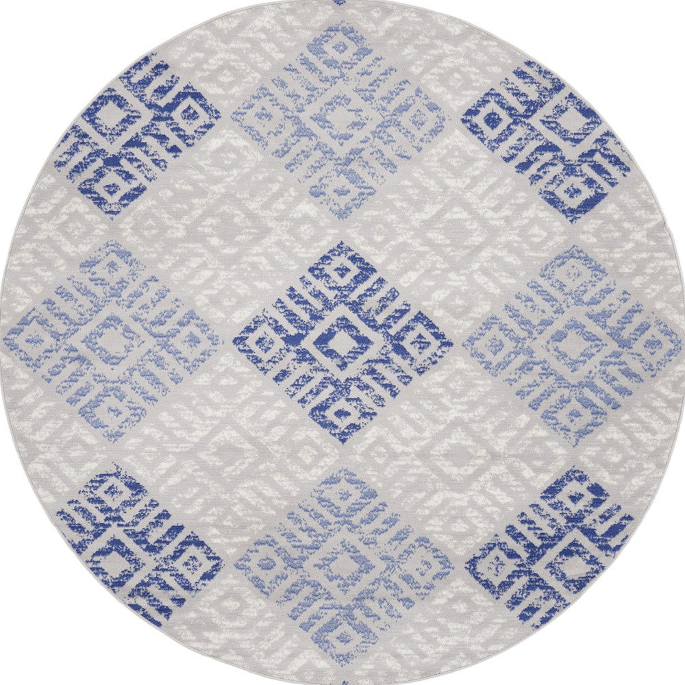 8' Beige Blue and Gray Geometric Round Rug-0