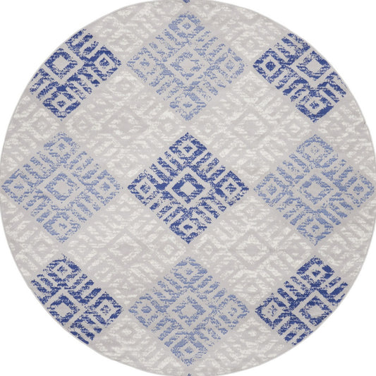 8' Beige Blue and Gray Geometric Round Rug-0