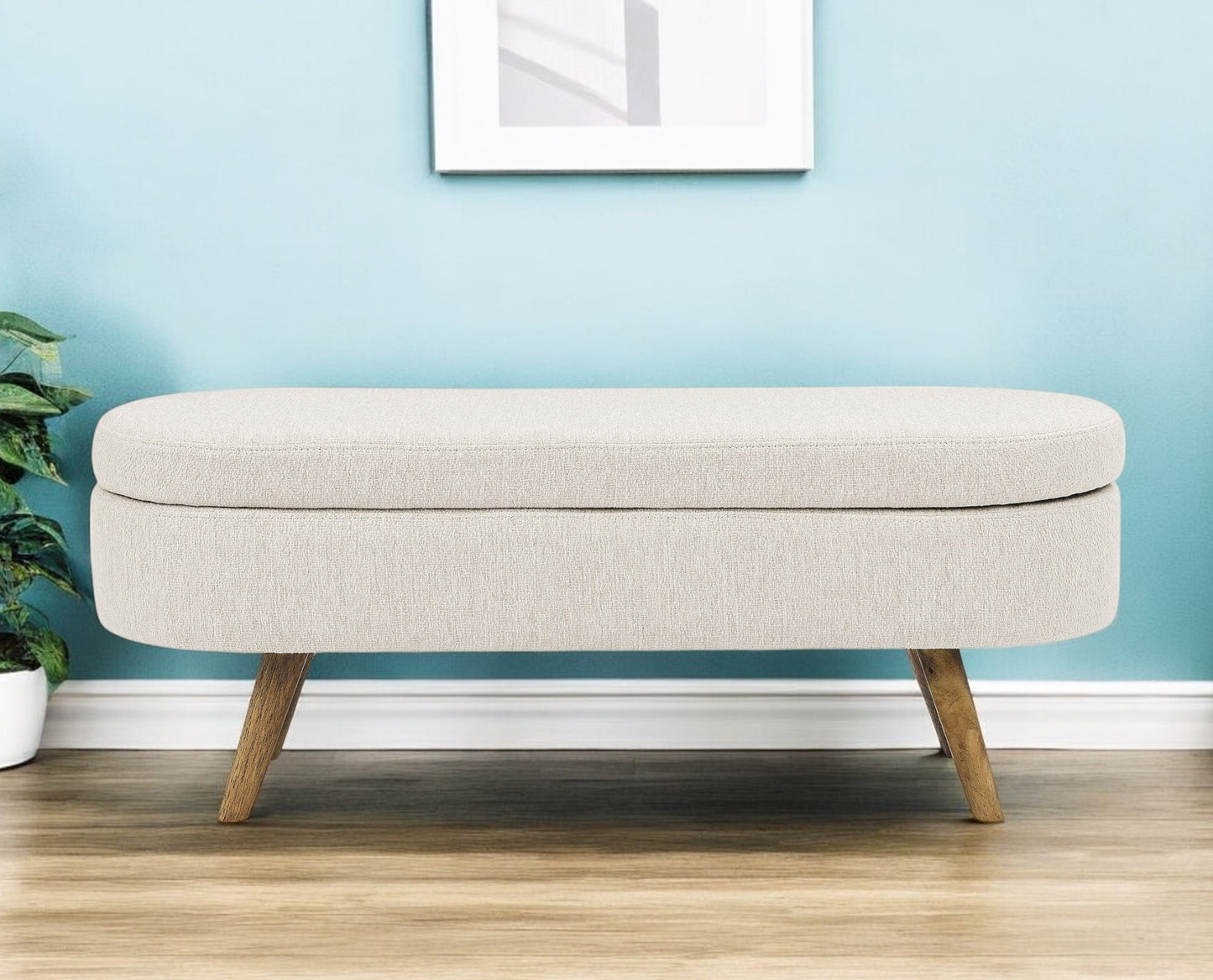 44" Beige and Brown Linen Upholstered Storage Bench with Flip Top-0