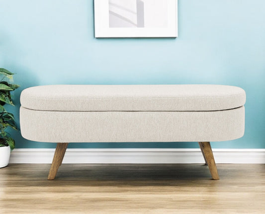 44" Beige and Brown Linen Upholstered Storage Bench with Flip Top-0