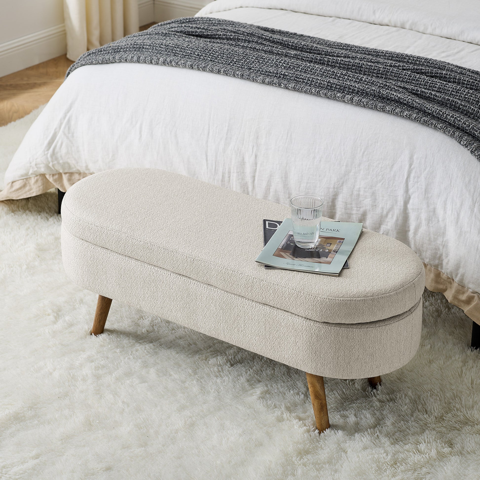 44" Beige and Brown Linen Upholstered Storage Bench with Flip Top-5