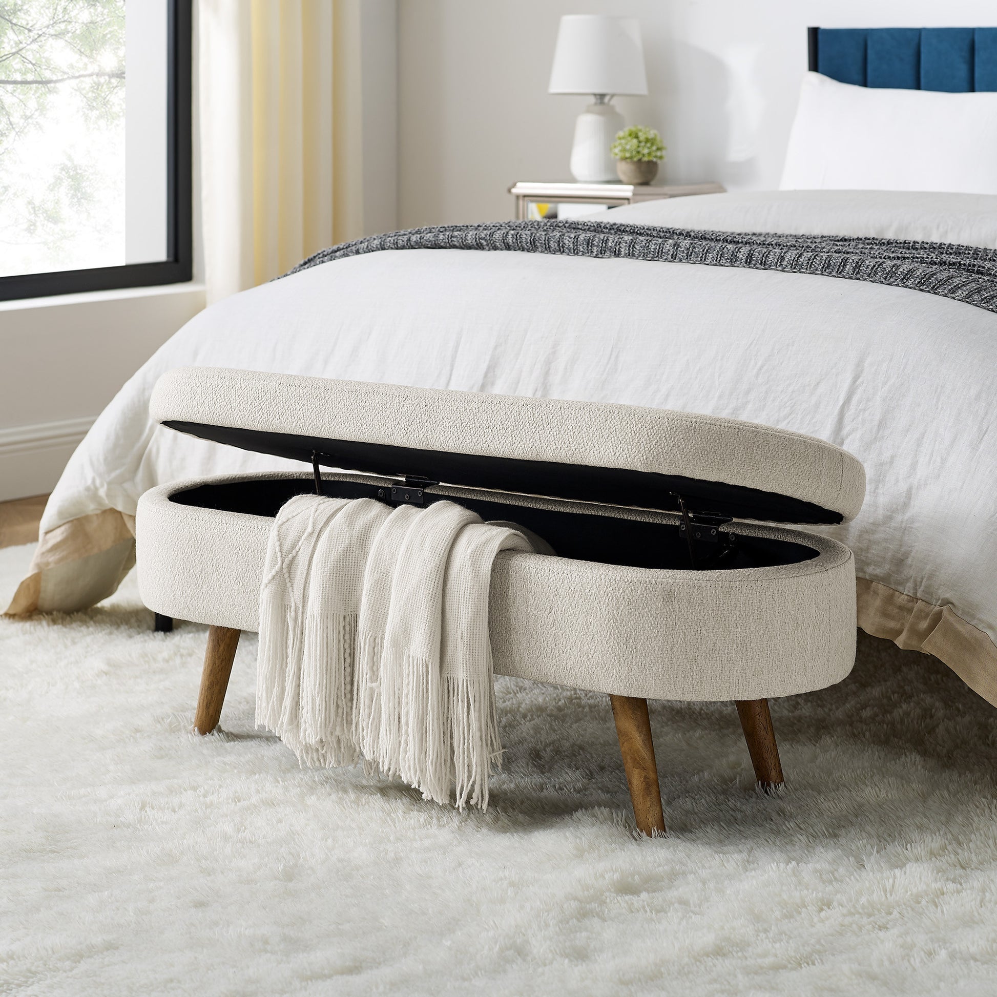 44" Beige and Brown Linen Upholstered Storage Bench with Flip Top-7