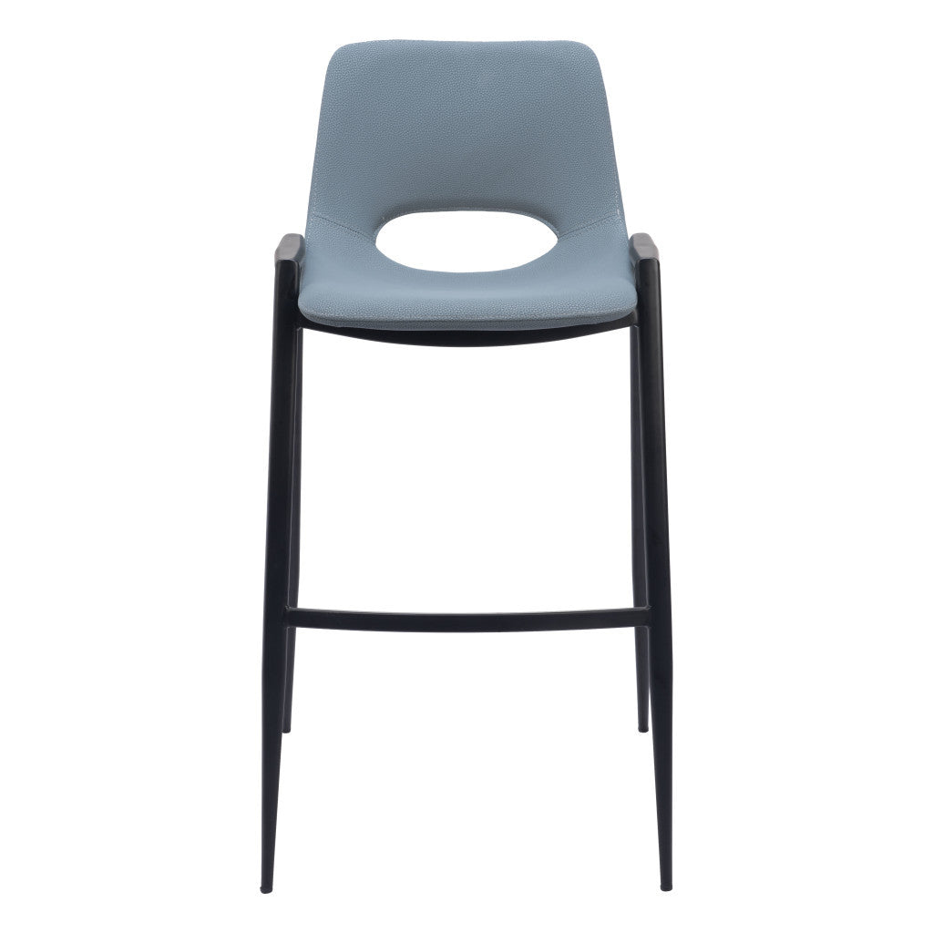 Set of Two 30" Blue And Black Faux Leather And Steel Low Back Bar Height Bar Chairs-3