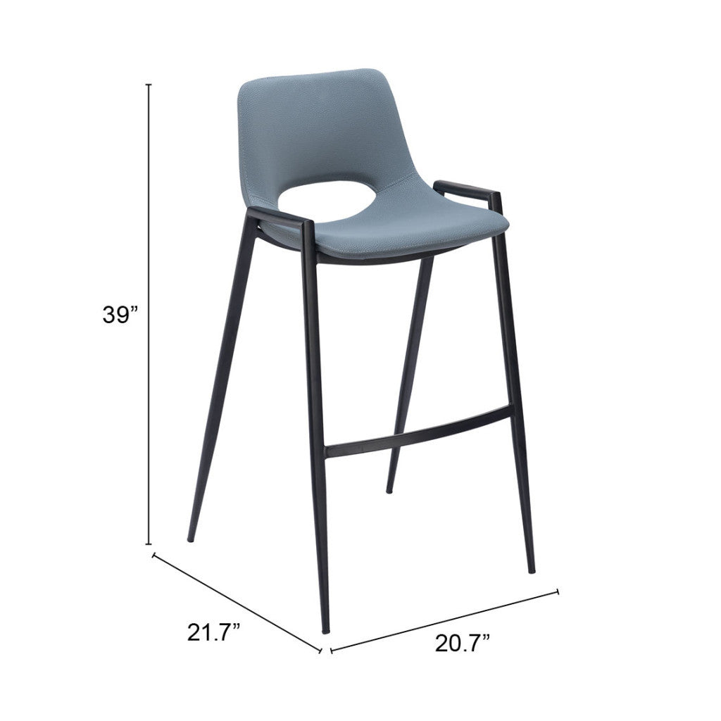 Set of Two 30" Blue And Black Faux Leather And Steel Low Back Bar Height Bar Chairs-7
