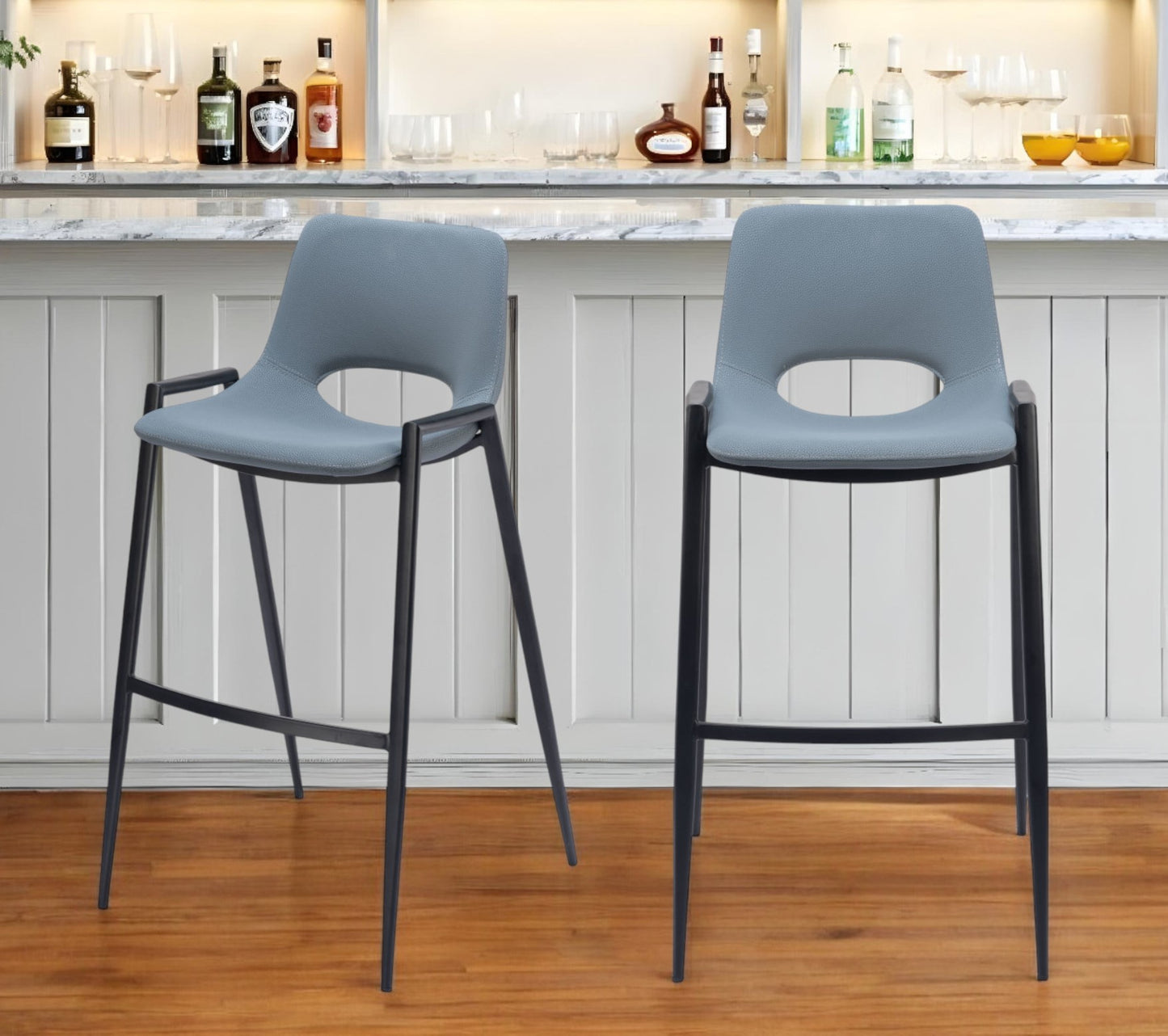 Set of Two 30" Blue And Black Faux Leather And Steel Low Back Bar Height Bar Chairs-1