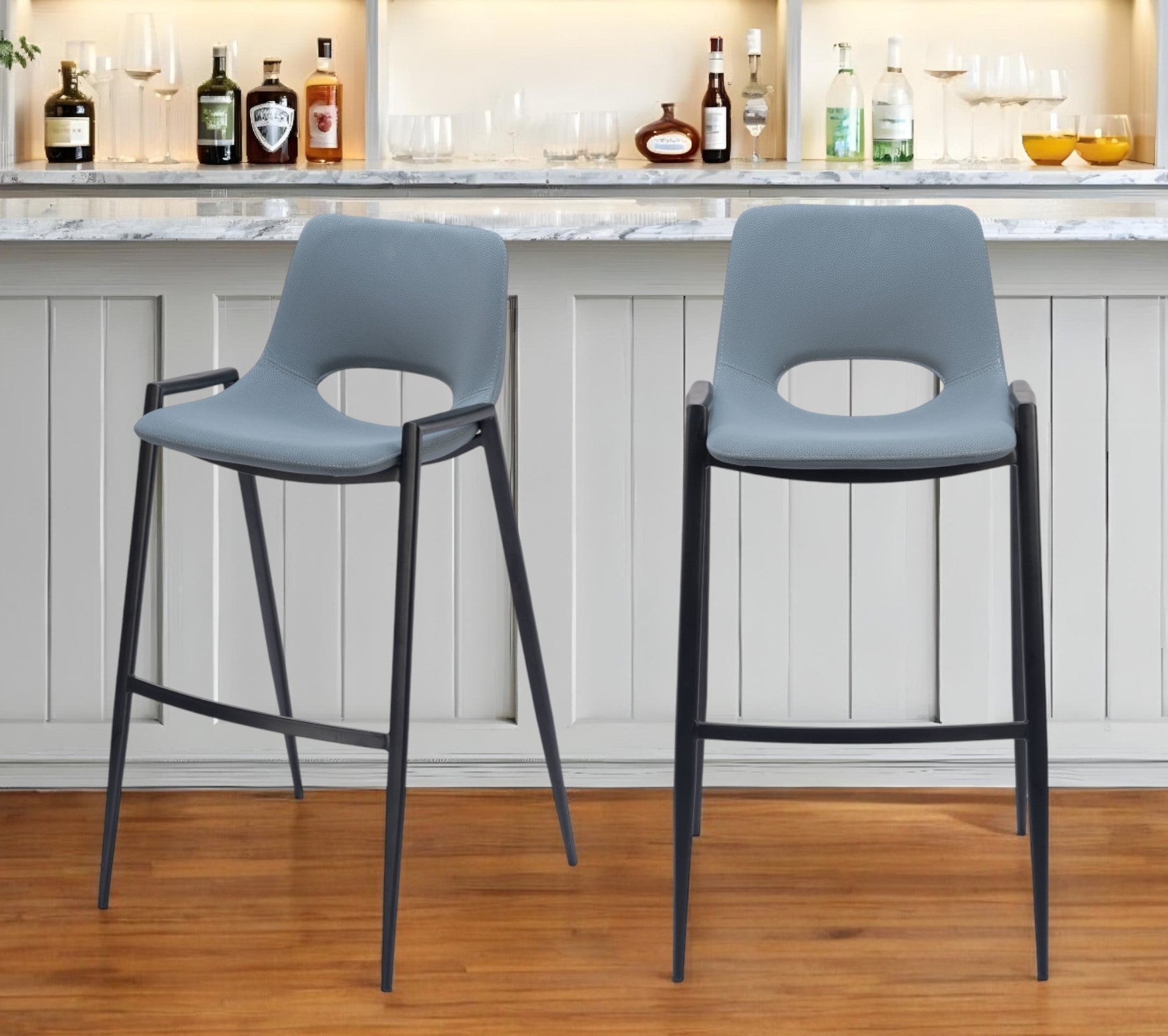 Set of Two 30" Blue And Black Faux Leather And Steel Low Back Bar Height Bar Chairs-1