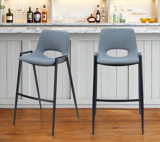 Set of Two 30" Blue And Black Faux Leather And Steel Low Back Bar Height Bar Chairs-1