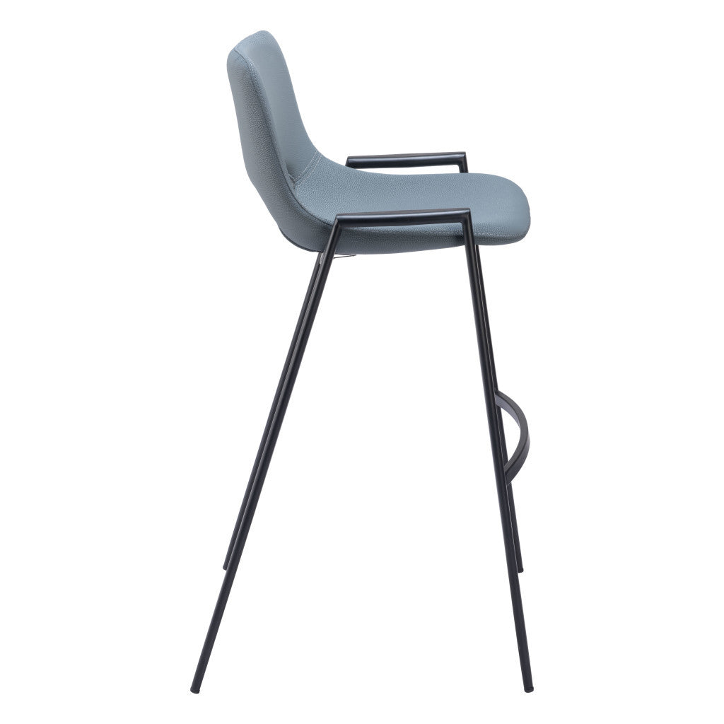 Set of Two 30" Blue And Black Faux Leather And Steel Low Back Bar Height Bar Chairs-5