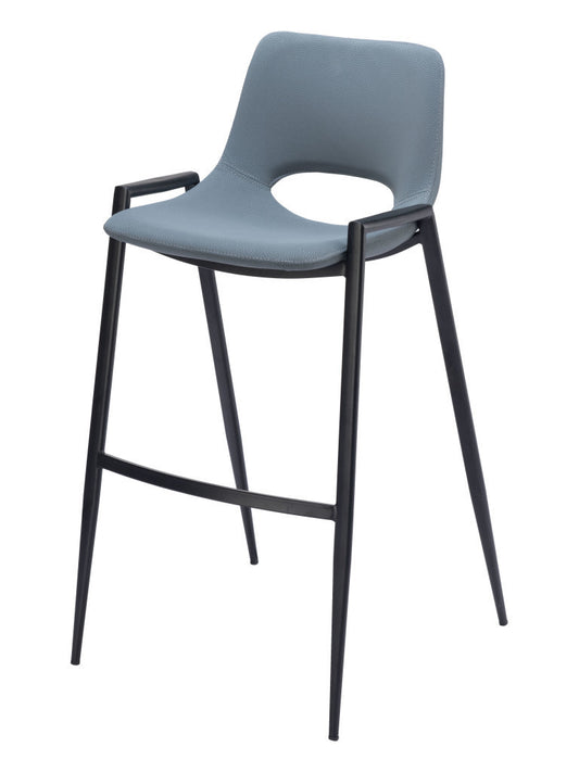 Set of Two 30" Blue And Black Faux Leather And Steel Low Back Bar Height Bar Chairs-0
