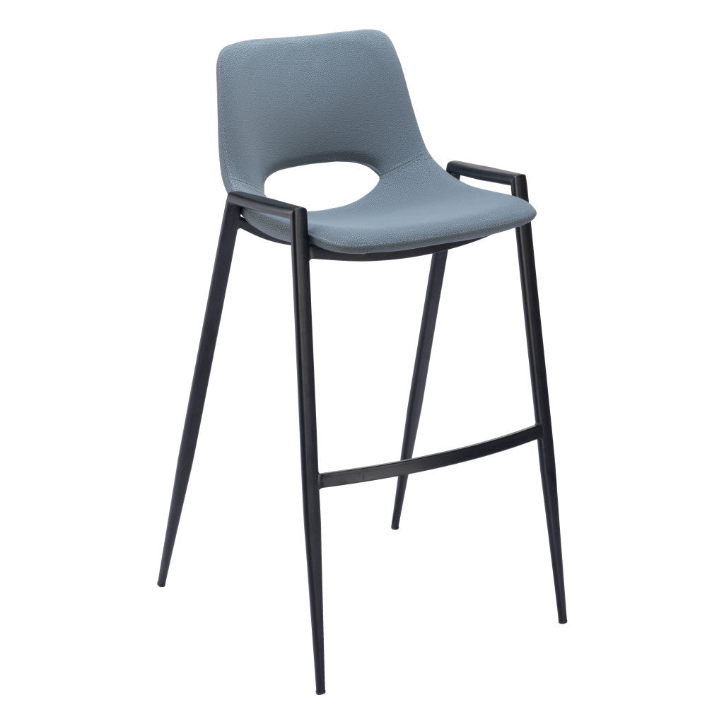 Set of Two 30" Blue And Black Faux Leather And Steel Low Back Bar Height Bar Chairs-2