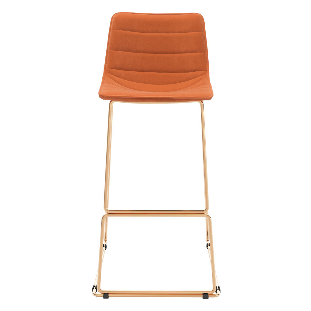 Set of Two 30" Orange And Gold Velvet And Steel Bar Height Bar Chairs-3