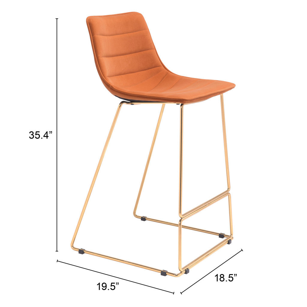 Set of Two 30" Orange And Gold Velvet And Steel Bar Height Bar Chairs-7