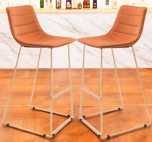 Set of Two 30" Orange And Gold Velvet And Steel Bar Height Bar Chairs-0
