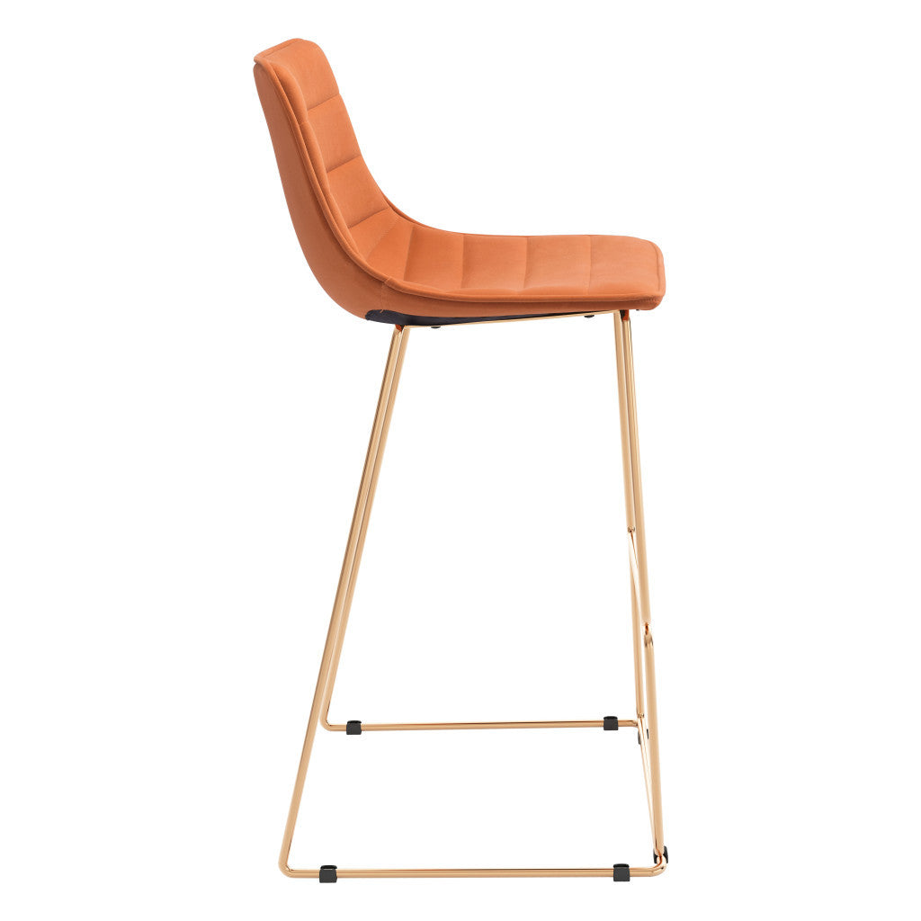 Set of Two 30" Orange And Gold Velvet And Steel Bar Height Bar Chairs-5