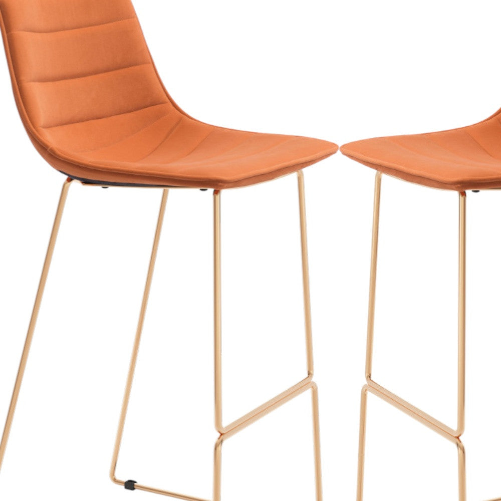Set of Two 30" Orange And Gold Velvet And Steel Bar Height Bar Chairs-6