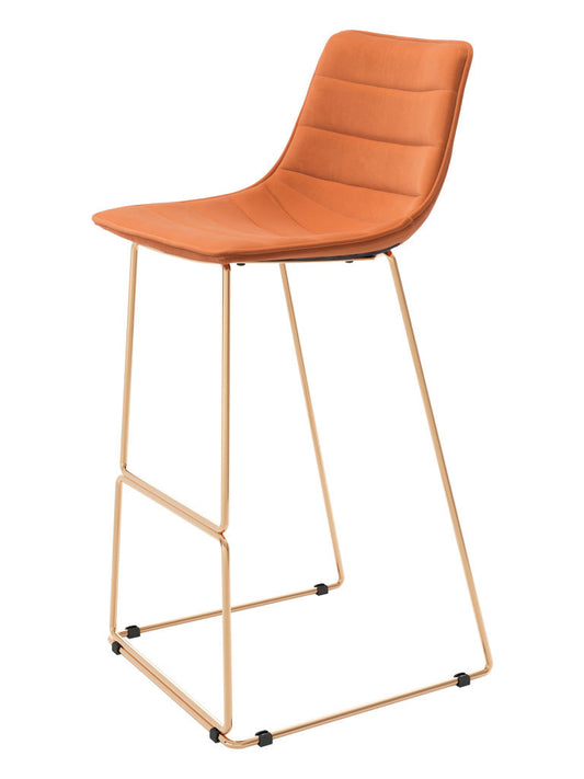 Set of Two 30" Orange And Gold Velvet And Steel Bar Height Bar Chairs-1