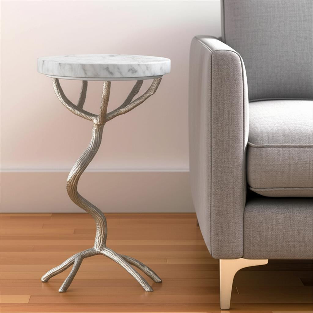 22" Silver And White Marble Round End Table-0