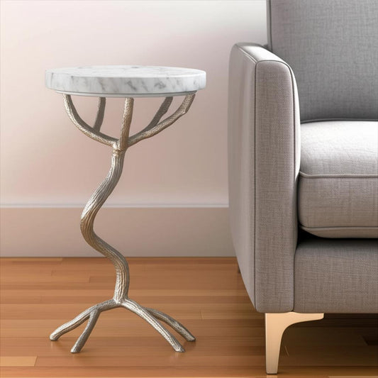 22" Silver And White Marble Round End Table-0