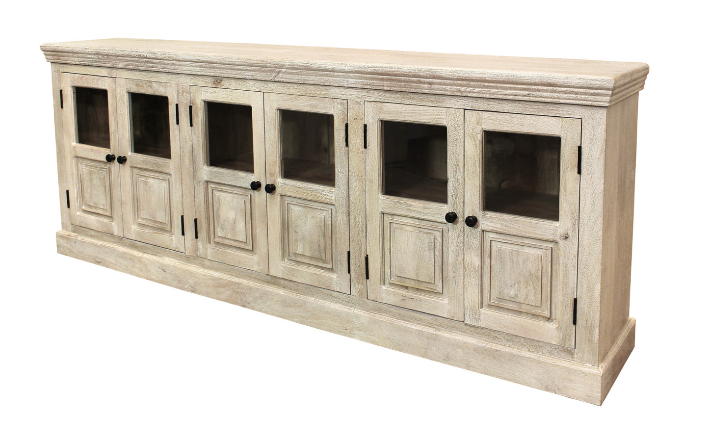93" Antiqued White Distressed Solid Wood Sideboard with Six Glass Doors-2