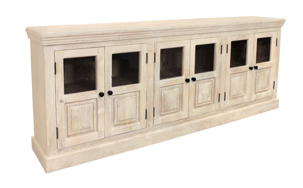 93" Antiqued White Distressed Solid Wood Sideboard with Six Glass Doors-5