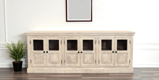 93" Antiqued White Distressed Solid Wood Sideboard with Six Glass Doors-0