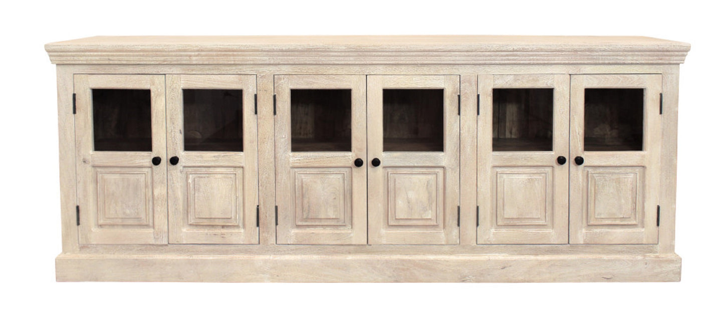 93" Antiqued White Distressed Solid Wood Sideboard with Six Glass Doors-1
