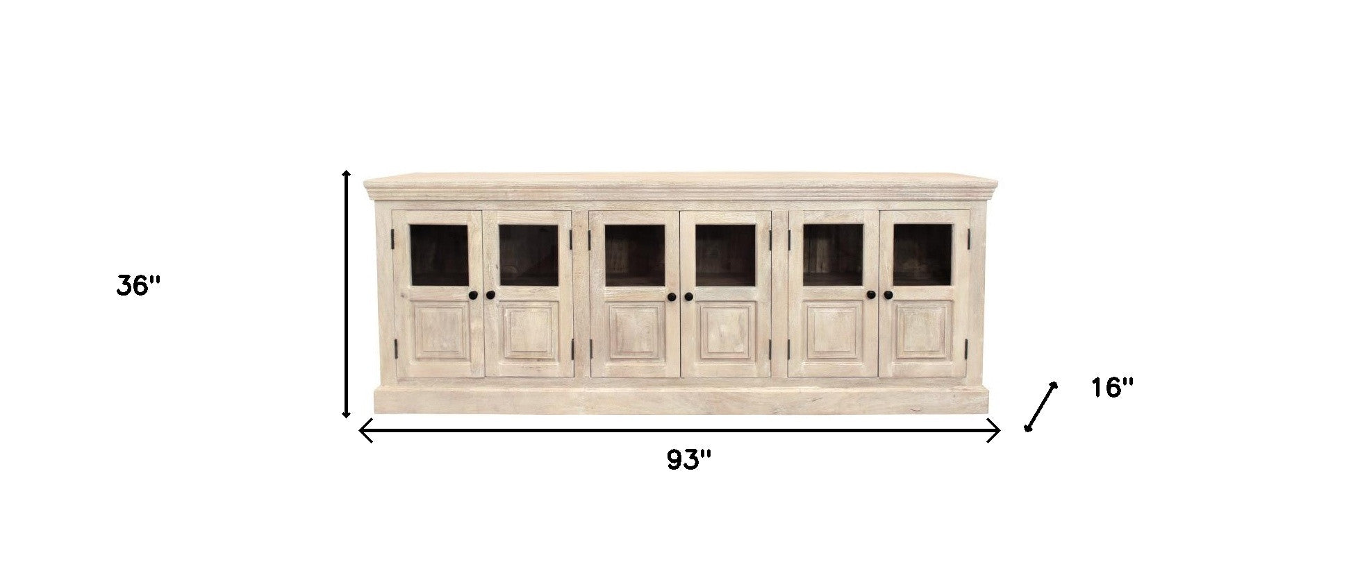 93" Antiqued White Distressed Solid Wood Sideboard with Six Glass Doors-7