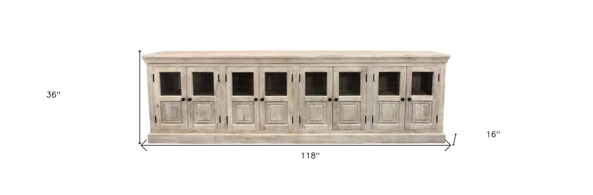 118" Antiqued White Distressed Solid Wood Sideboard with 8 Glass Doors-4