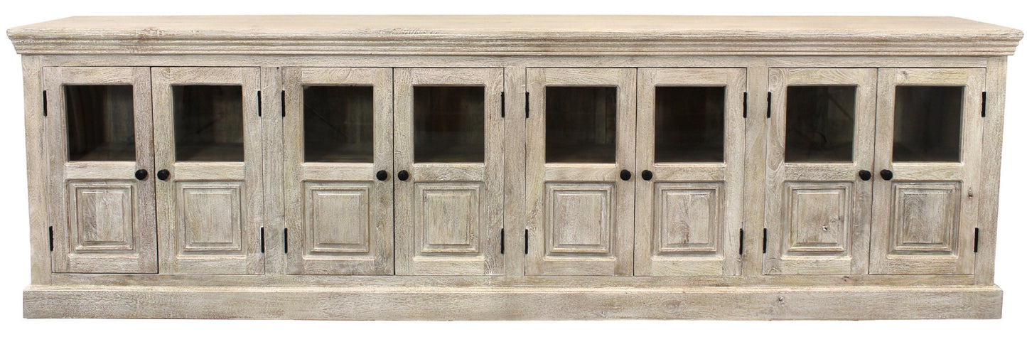 118" Antiqued White Distressed Solid Wood Sideboard with 8 Glass Doors-1