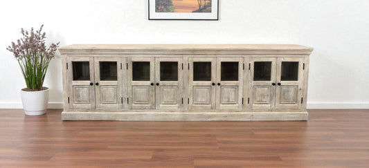 118" Antiqued White Distressed Solid Wood Sideboard with 8 Glass Doors-0